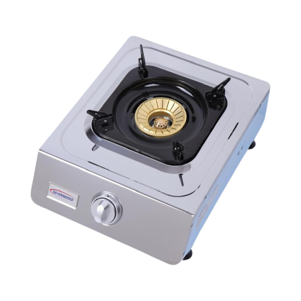 General Gold Table Top Gas Stove 1 Burner – Stainless Steel LPG Gas Cooker with Brass Double Burner, Automatic Ignition, Enamel Pan Stands, Energy-Saving Design