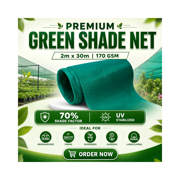 Green Shade Net | 170 GSM | 70% Shade Factor | UV Stabilized Heavy-Duty Shade Cloth for Garden, Greenhouse & Farming