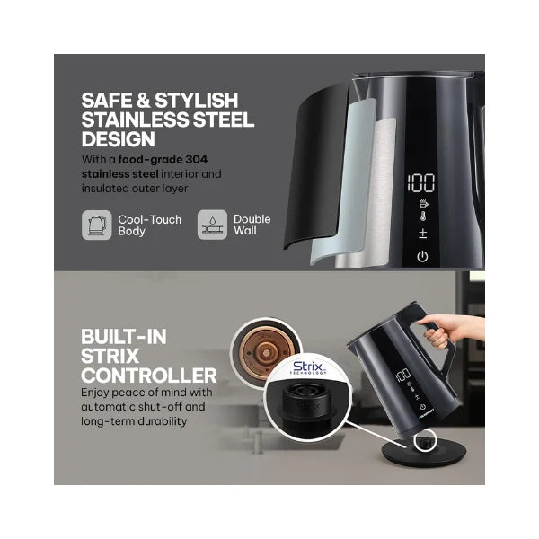 Blaupunkt Smart WiFi Cordless Hot Water Kettle 2200W – 1.7L, Tuya App Control, Voice Assistant Enabled, Temperature Selection, Timer, Auto Shut-Off, Double Wall Cool-Touch Body, Stainless Steel
