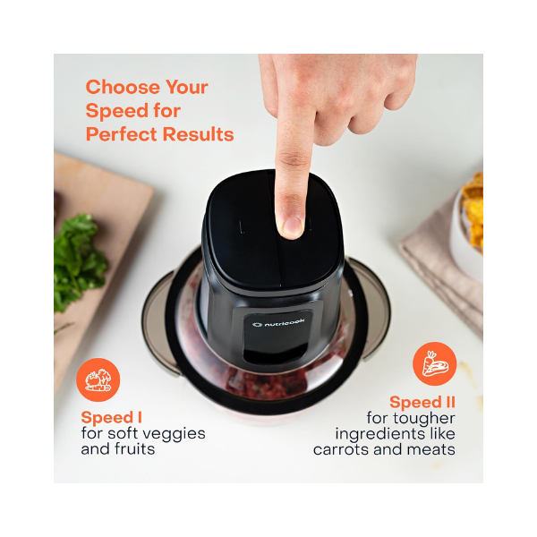 Nutricook 2+2 L XXL Glass & SS Chopper and Mincer,500W - Pulse & 2 speeds, 2-Removable 4 SS -Blade for Chopping, Ice Crushing, Meat Mincing, Grinding, Pureeing & more - BLk, 2 Yr Warranty,NC-CH2000