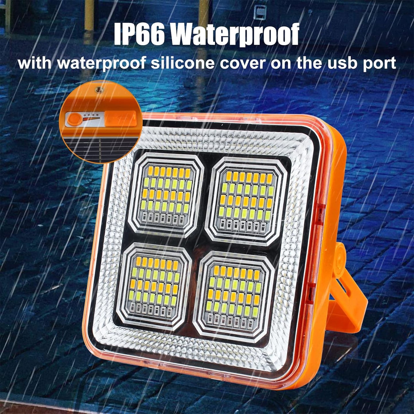 Portable Led Work Solar Light 100W, 10000LM Solar Work Light, IP66 Waterproof USB Portable Rechargeable Flood Light Job Site Lighting for Outdoor Car Repair Camping Emergency Worklight
