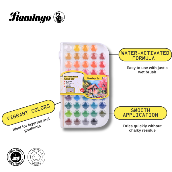 Flamingo Watercolor Paint Set – 48 Colors – With Mixing Palette & Brush
