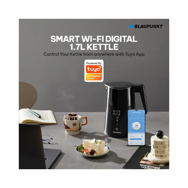 Blaupunkt Smart WiFi Cordless Hot Water Kettle 2200W – 1.7L, Tuya App Control, Voice Assistant Enabled, Temperature Selection, Timer, Auto Shut-Off, Double Wall Cool-Touch Body, Stainless Steel