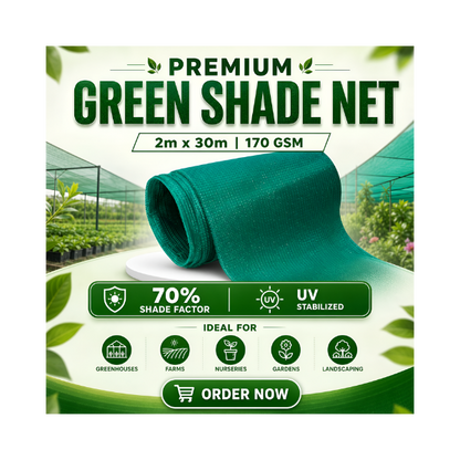 Green Shade Net  | 170 GSM | 70% Shade Factor | UV Stabilized Heavy-Duty Shade Cloth for Garden, Greenhouse & Farming