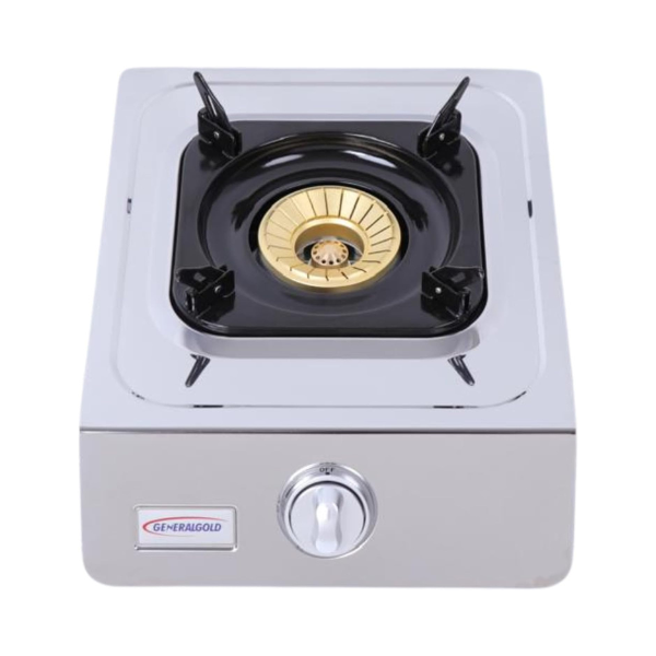 General Gold Table Top Gas Stove 1 Burner – Stainless Steel LPG Gas Cooker with Brass Double Burner, Automatic Ignition, Enamel Pan Stands, Energy-Saving Design