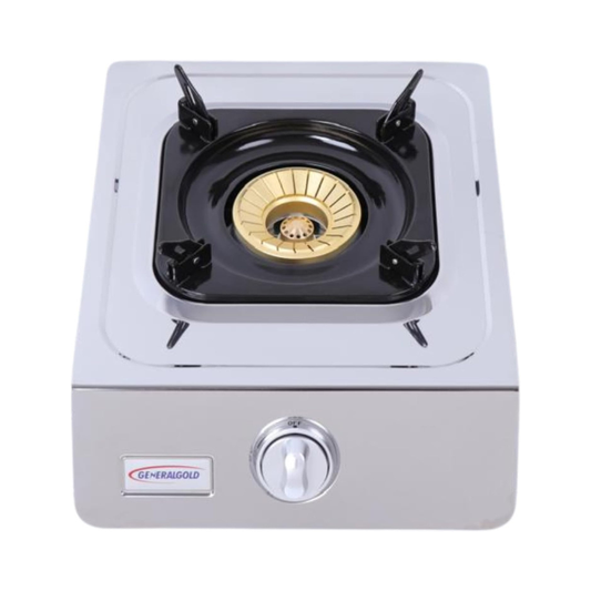 General Gold Table Top Gas Stove 1 Burner – Stainless Steel LPG Gas Cooker with Brass Double Burner, Automatic Ignition, Enamel Pan Stands, Energy-Saving Design