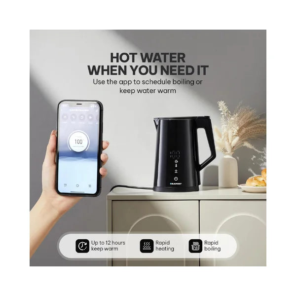 Blaupunkt Smart WiFi Cordless Hot Water Kettle 2200W – 1.7L, Tuya App Control, Voice Assistant Enabled, Temperature Selection, Timer, Auto Shut-Off, Double Wall Cool-Touch Body, Stainless Steel