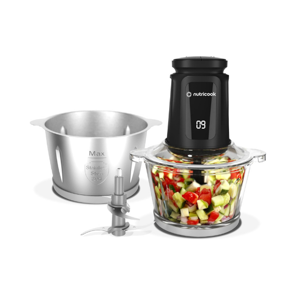 Nutricook 2+2 L XXL Glass & SS Chopper and Mincer,500W - Pulse & 2 speeds, 2-Removable 4 SS -Blade for Chopping, Ice Crushing, Meat Mincing, Grinding, Pureeing & more - BLk, 2 Yr Warranty,NC-CH2000