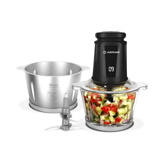 Nutricook 2+2 L XXL Glass & SS Chopper and Mincer,500W - Pulse & 2 speeds, 2-Removable 4 SS -Blade for Chopping, Ice Crushing, Meat Mincing, Grinding, Pureeing & more - BLk, 2 Yr Warranty,NC-CH2000
