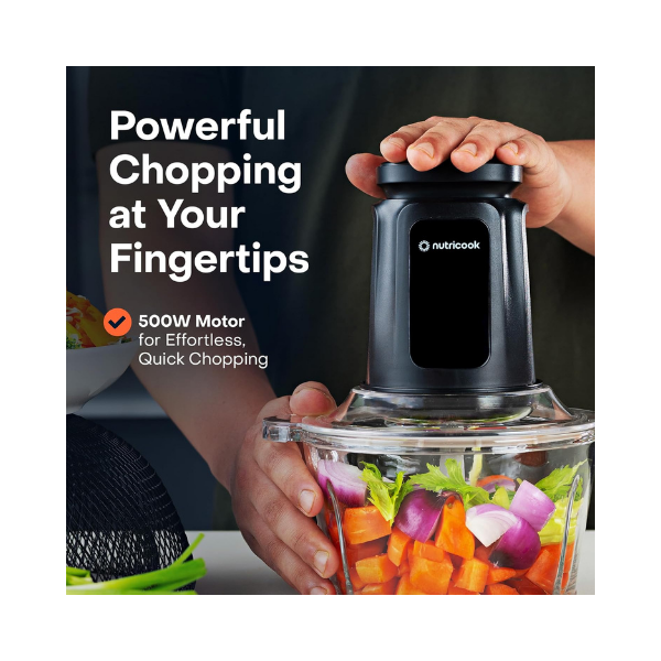 Nutricook 2+2 L XXL Glass & SS Chopper and Mincer,500W - Pulse & 2 speeds, 2-Removable 4 SS -Blade for Chopping, Ice Crushing, Meat Mincing, Grinding, Pureeing & more - BLk, 2 Yr Warranty,NC-CH2000