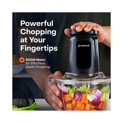 Nutricook 2+2 L XXL Glass & SS Chopper and Mincer,500W - Pulse & 2 speeds, 2-Removable 4 SS -Blade for Chopping, Ice Crushing, Meat Mincing, Grinding, Pureeing & more - BLk, 2 Yr Warranty,NC-CH2000