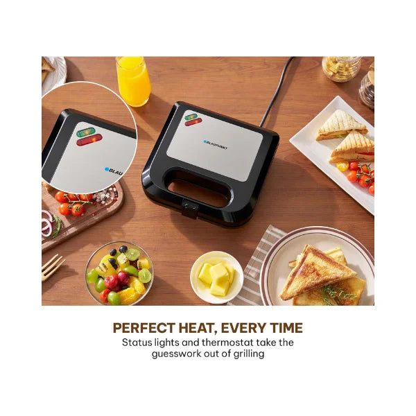 Blaupunkt 2-Slice Sandwich Maker 750W – Fixed Non-Stick Plates, Cool-Touch Body, Thermostat with Indicator Lights, Compact Design, PFOA-Free Coating, Stainless Steel Top, 2-Year Warranty