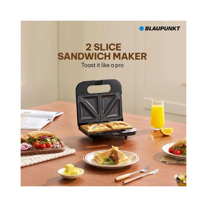 Blaupunkt 2-Slice Sandwich Maker 750W – Fixed Non-Stick Plates, Cool-Touch Body, Thermostat with Indicator Lights, Compact Design, PFOA-Free Coating, Stainless Steel Top, 2-Year Warranty