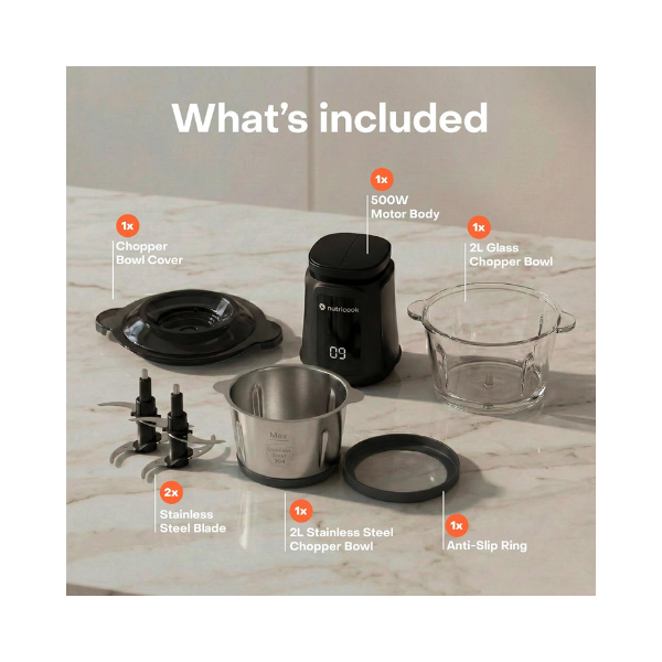 Nutricook 2+2 L XXL Glass & SS Chopper and Mincer,500W - Pulse & 2 speeds, 2-Removable 4 SS -Blade for Chopping, Ice Crushing, Meat Mincing, Grinding, Pureeing & more - BLk, 2 Yr Warranty,NC-CH2000