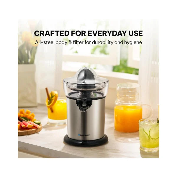 Blaupunkt Citrus Juicer 130W – Stainless Steel Body, Cone & Filter, Drip-Stop Spout, Easy Clean, Compact Design, Dust Cover Lid, Quick Juicing for Oranges & Lemons