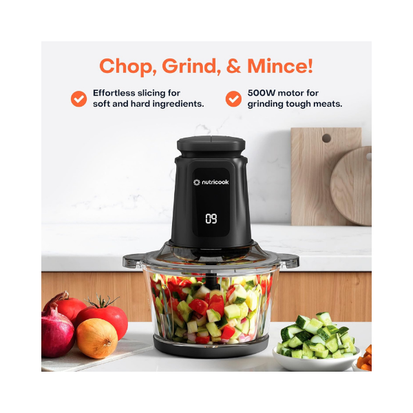 Nutricook 2+2 L XXL Glass & SS Chopper and Mincer,500W - Pulse & 2 speeds, 2-Removable 4 SS -Blade for Chopping, Ice Crushing, Meat Mincing, Grinding, Pureeing & more - BLk, 2 Yr Warranty,NC-CH2000
