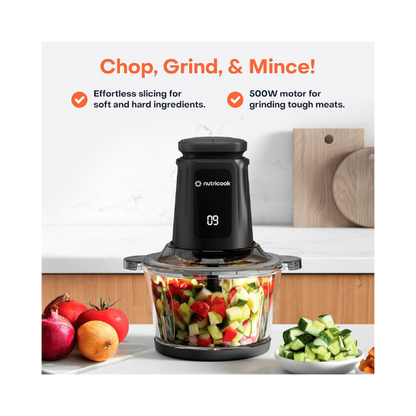Nutricook 2+2 L XXL Glass & SS Chopper and Mincer,500W - Pulse & 2 speeds, 2-Removable 4 SS -Blade for Chopping, Ice Crushing, Meat Mincing, Grinding, Pureeing & more - BLk, 2 Yr Warranty,NC-CH2000