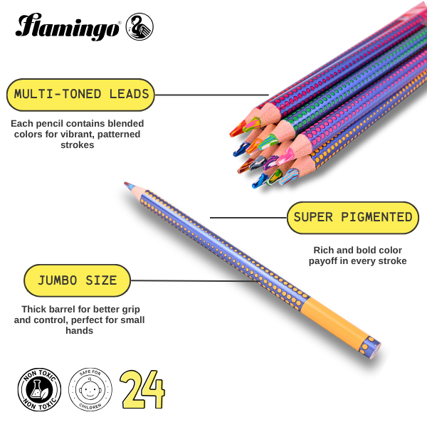 Flamingo Jumbo Colour Pencils – 24 Vibrant Shades – Smooth Coloring – Pack of 24