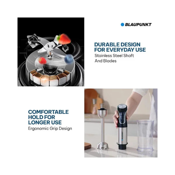 Blaupunkt Immersion Hand Blender Smoothie Maker |1000W Stainless Steel Shaft Blade with Chopper | Whisk Beaker Variable Speed Ergonomic Grip- Easy Clean, Copper Motor