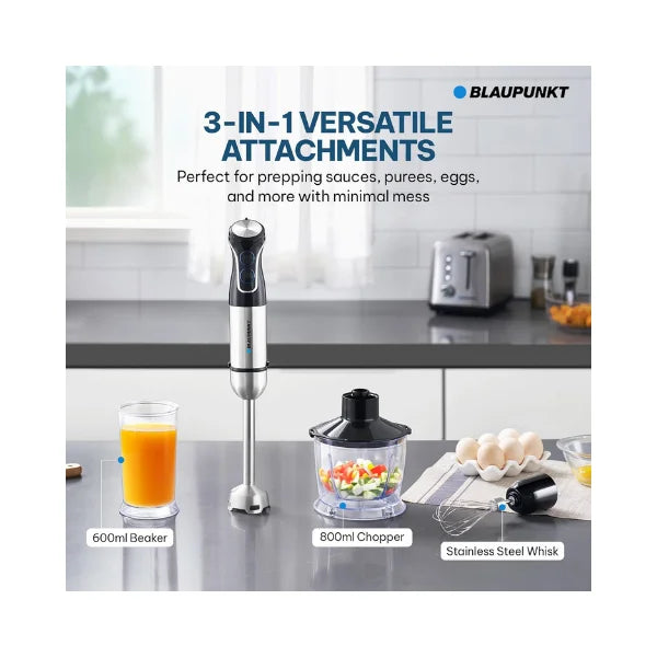 Blaupunkt Immersion Hand Blender Smoothie Maker |1000W Stainless Steel Shaft Blade with Chopper | Whisk Beaker Variable Speed Ergonomic Grip- Easy Clean, Copper Motor