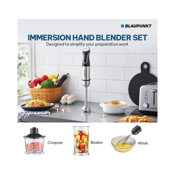 Blaupunkt Immersion Hand Blender Smoothie Maker |1000W Stainless Steel Shaft Blade with Chopper | Whisk Beaker Variable Speed Ergonomic Grip- Easy Clean, Copper Motor