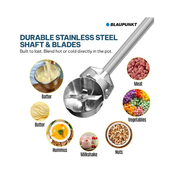Blaupunkt Immersion Electric Hand Blender 1000W – Stainless Steel Body, Shaft & Blade, Variable Speed Control, Ergonomic Grip, Hot & Cold Blending, Easy to Clean, High Power Copper Motor