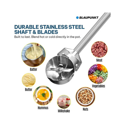 Blaupunkt Immersion Electric Hand Blender 1000W – Stainless Steel Body, Shaft & Blade, Variable Speed Control, Ergonomic Grip, Hot & Cold Blending, Easy to Clean, High Power Copper Motor