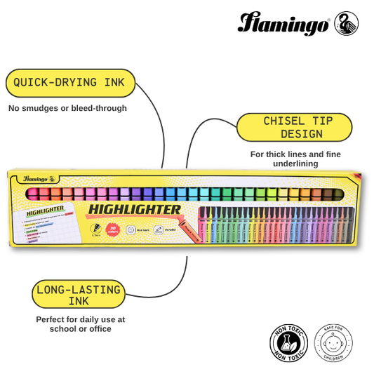Flamingo Highlighters - 30 Assorted Colors - Quick-Drying & Non-Toxic