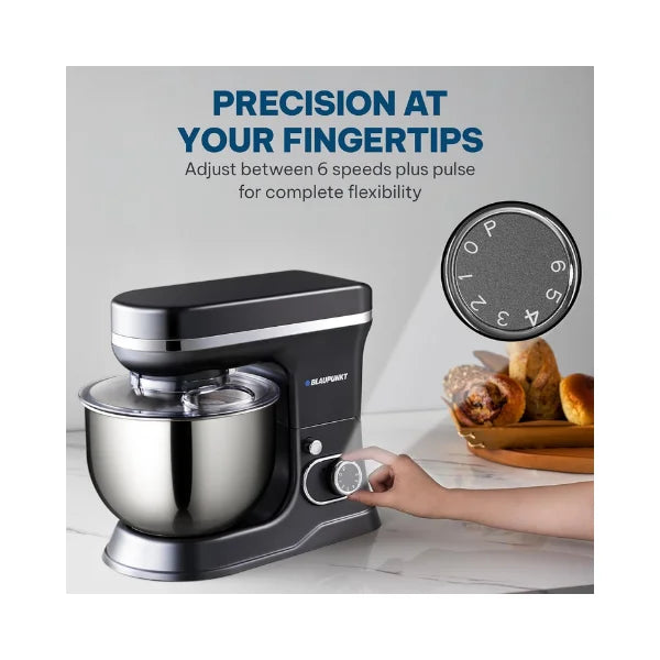 Blaupunkt Stand Mixer 1000W – 6-Speed with Pulse, 5L Stainless Steel Bowl, Dough Hook, Beater, Whisk, Metal Gear, Planetary Mixing, Splash Guard, Tilt Head, 2-Year Warranty