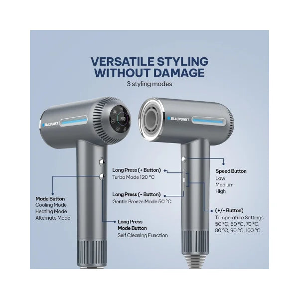 Blaupunkt Digital Hair Dryer 1600W – LED Display, Plasma Hair Care, 6 Temp Settings, Cool & Heat Modes, Magnetic Diffuser & Concentrator, BLDC Motor 110,000 RPM, Quick Drying, 2-Year Warranty