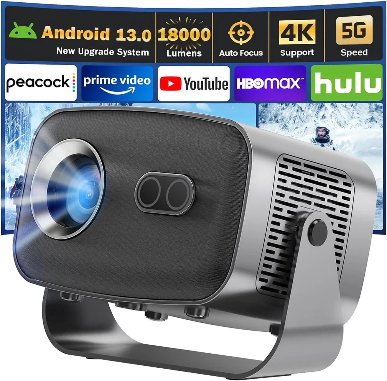 Portable projector with features highlighted on a screen displaying streaming services.