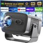 Portable projector with features highlighted on a screen displaying streaming services.