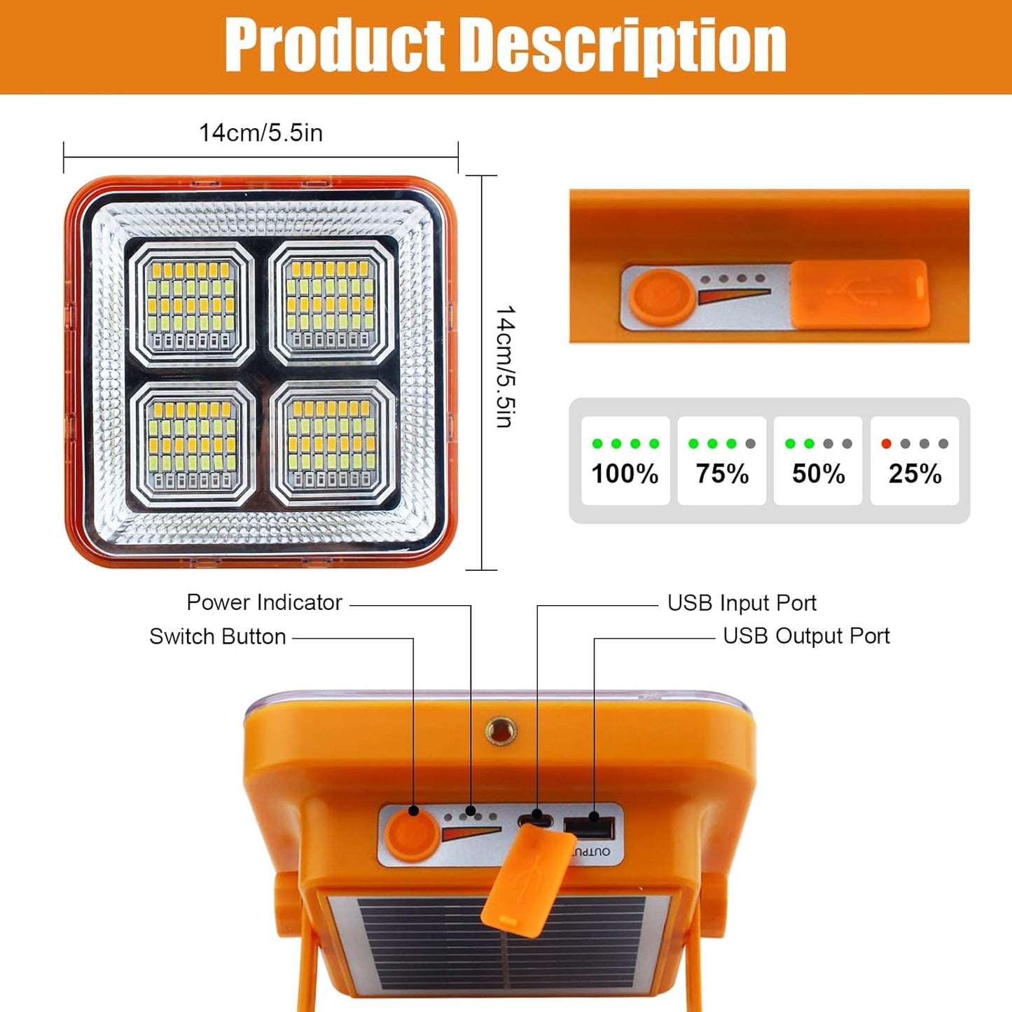 Portable Led Work Solar Light 100W, 10000LM Solar Work Light, IP66 Waterproof USB Portable Rechargeable Flood Light Job Site Lighting for Outdoor Car Repair Camping Emergency Worklight