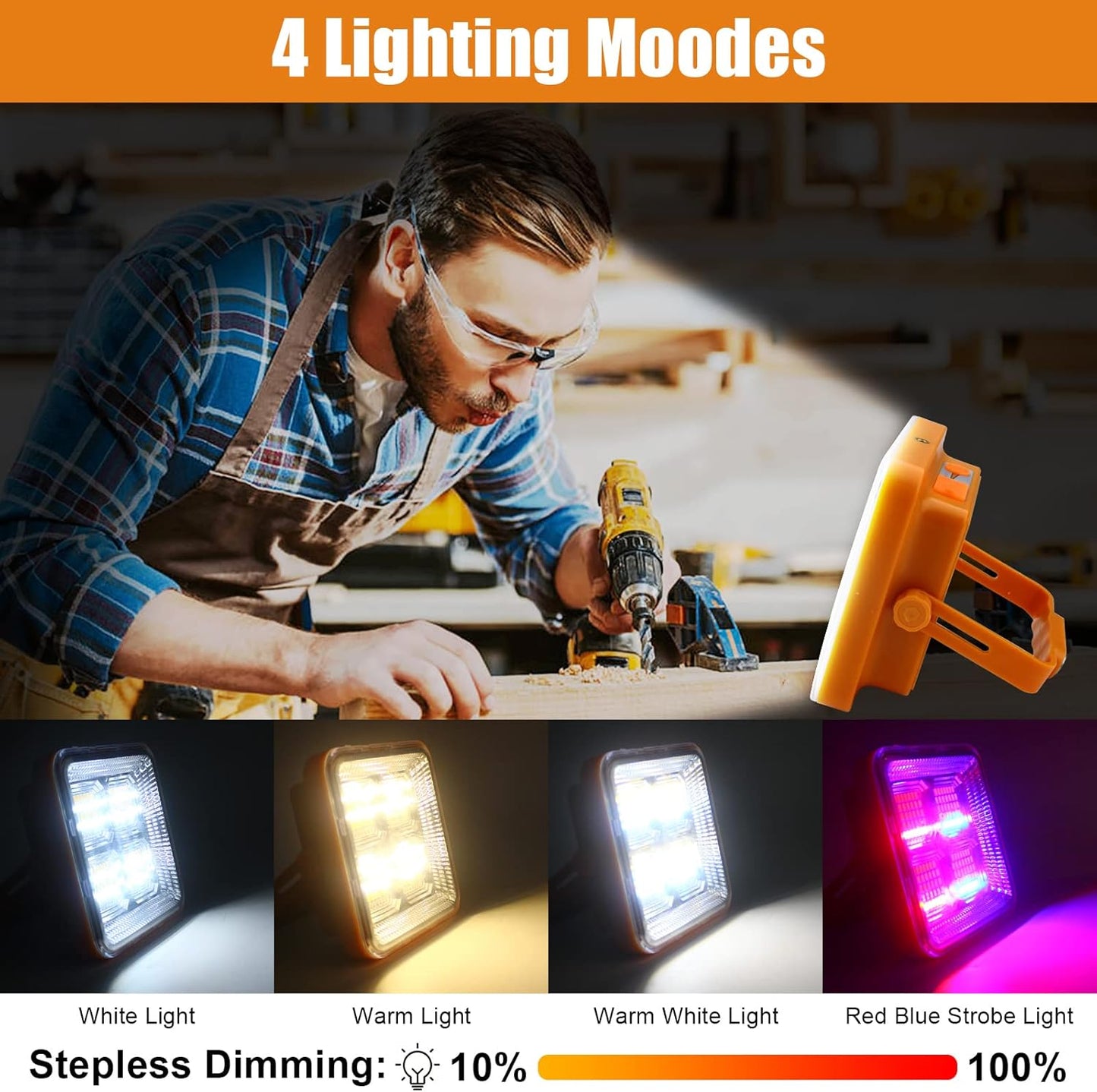 Portable Led Work Solar Light 100W, 10000LM Solar Work Light, IP66 Waterproof USB Portable Rechargeable Flood Light Job Site Lighting for Outdoor Car Repair Camping Emergency Worklight