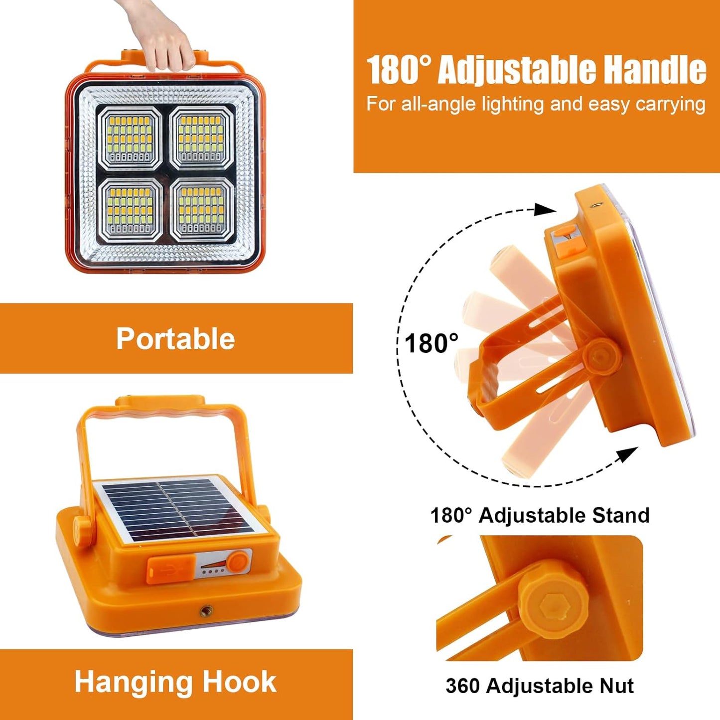 Portable Led Work Solar Light 100W, 10000LM Solar Work Light, IP66 Waterproof USB Portable Rechargeable Flood Light Job Site Lighting for Outdoor Car Repair Camping Emergency Worklight