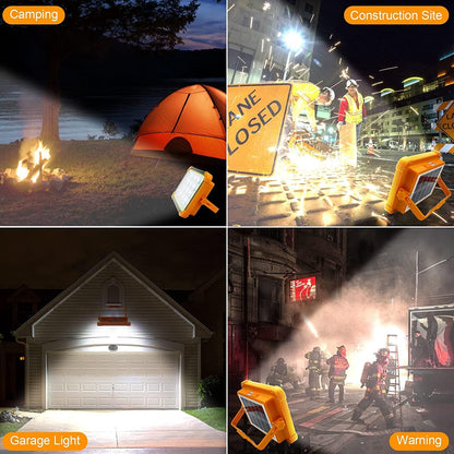 Portable Led Work Solar Light 100W, 10000LM Solar Work Light, IP66 Waterproof USB Portable Rechargeable Flood Light Job Site Lighting for Outdoor Car Repair Camping Emergency Worklight